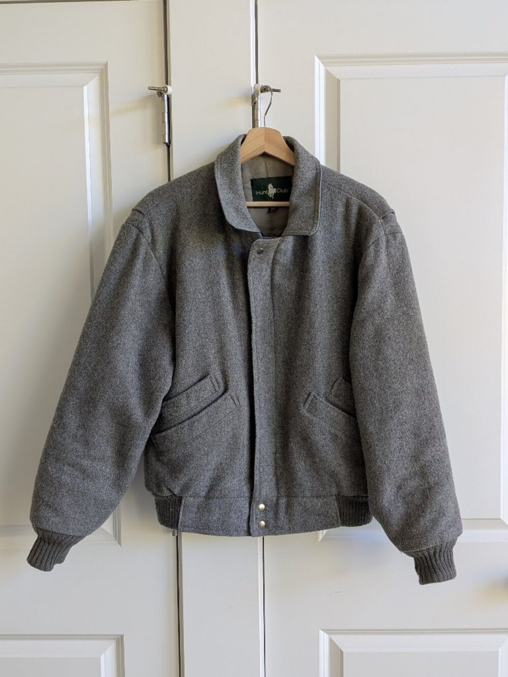 Vintage Hunt Club Wool Jacket Men M Gray Collared Bomber Jacket Made in USA - Picture 2 of 16